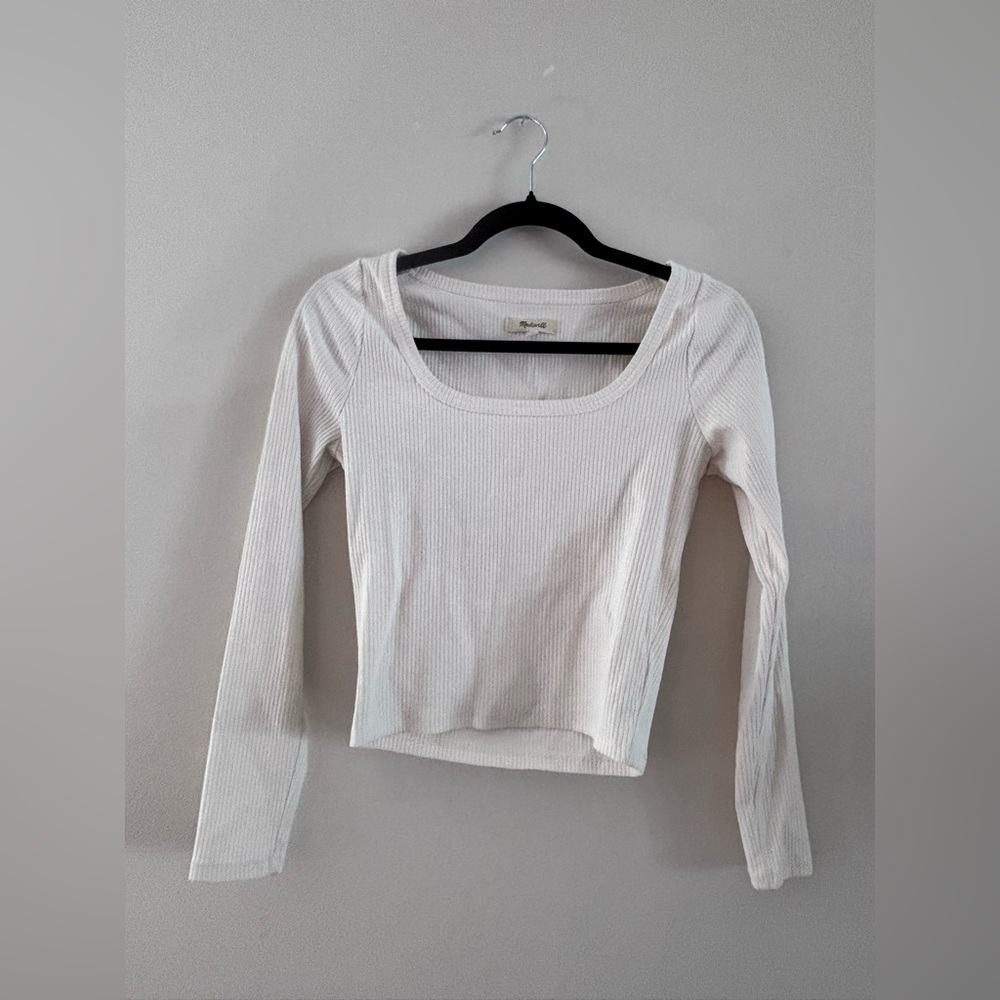 Madewell Cream Ribbed Long-Sleeve Scoop Neck Top, Size Small